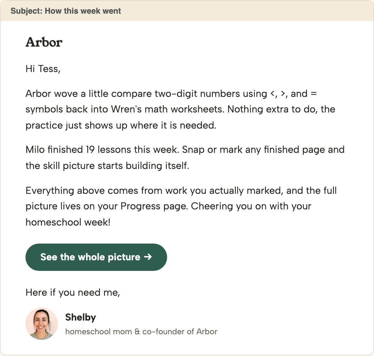 The Friday note: how this week went, the practice Arbor wove back into Wren's math worksheets, and a button to see the whole picture.