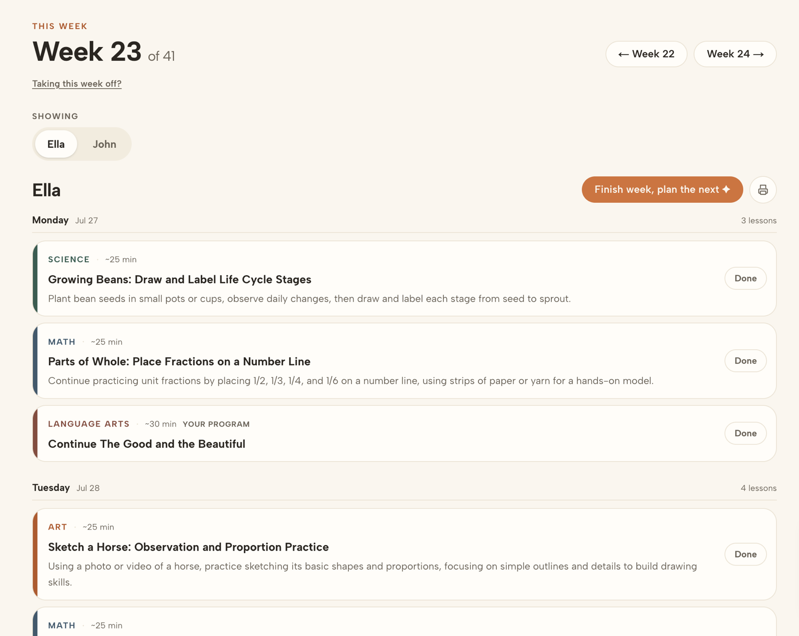 Arbor's week planner: week 23 of 41, every lesson laid out day by day for each child.