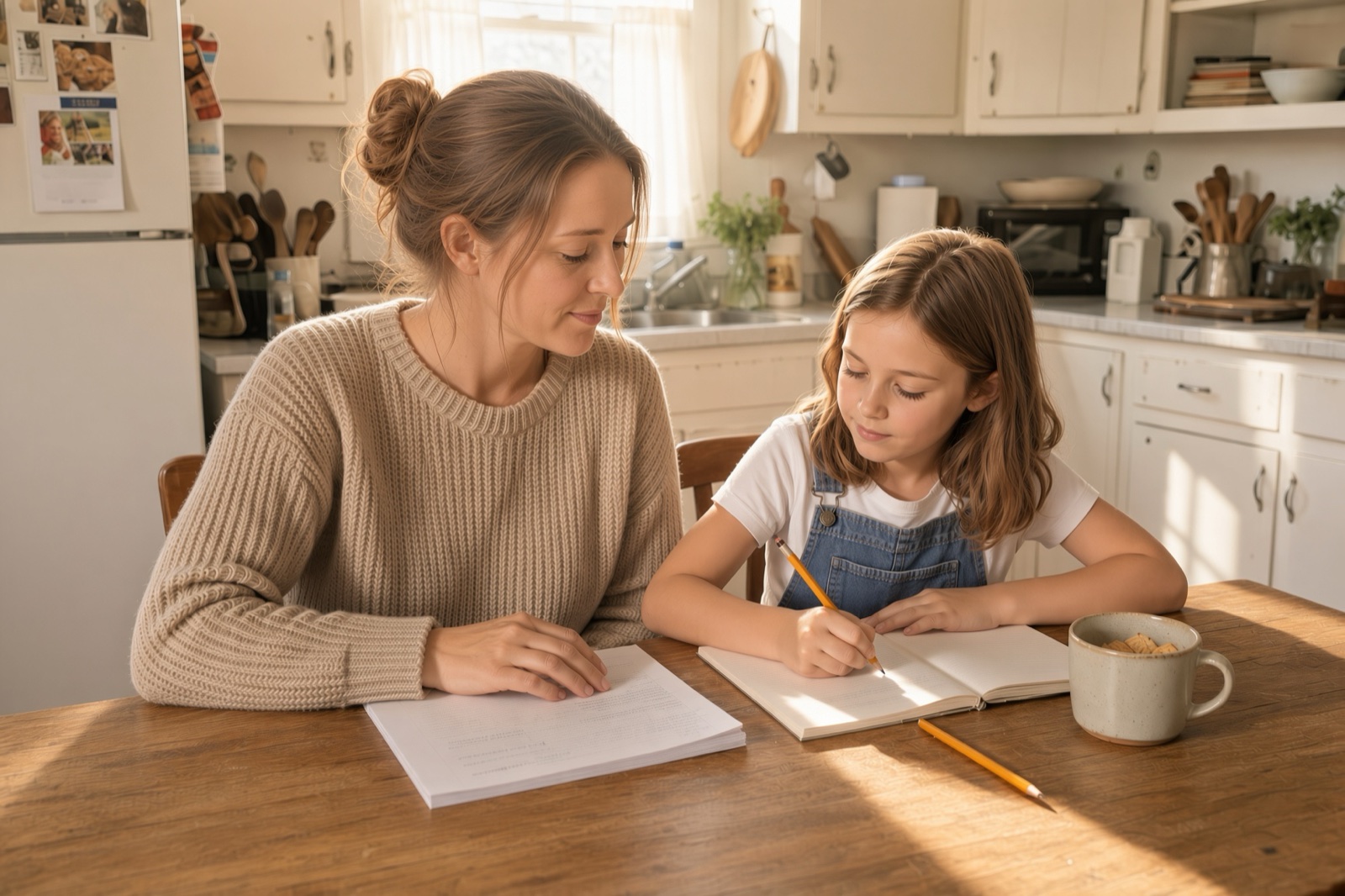 A mom at the kitchen table looking over the day's worksheet while her daughter writes in her notebook, morning light in the kitchen behind them.