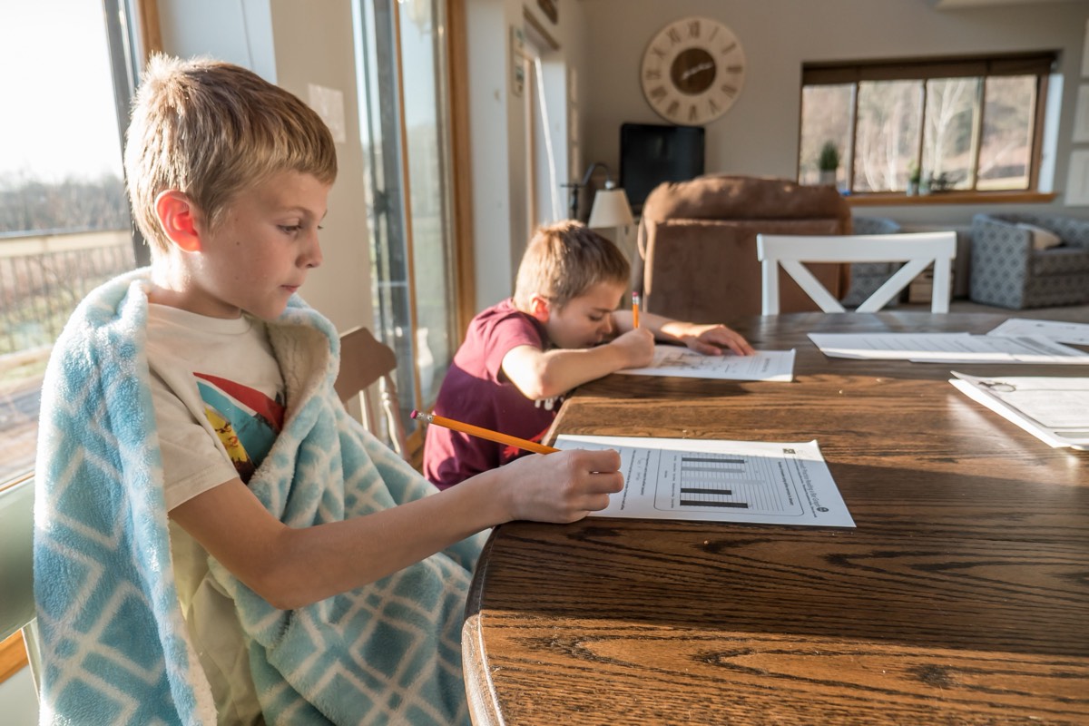 Two brothers working through their lessons at a sunny table.
